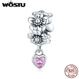 925 Silver Pink Flowers Charms Pendant for Bracelets DIY