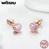 925 Silver Rose Heart Stud Earrings Pink CZ Jewelry