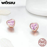 925 Silver Rose Heart Stud Earrings Pink CZ Jewelry