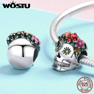 925 Sterling Silver Skull Flower Enamel Bead Charm for Bracelet Necklace