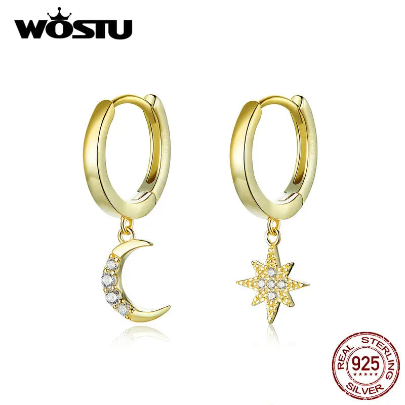 925 Silver Star & Moon Zircon Earrings Women CQE785