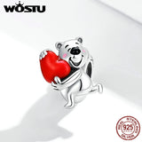 Bear Charm 925 Sterling Silver Red Heart Bracelet Pendant DIY Jewelry CQC1610