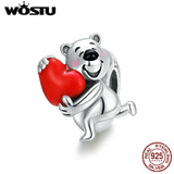Bear Charm 925 Sterling Silver Red Heart Bracelet Pendant DIY Jewelry CQC1610