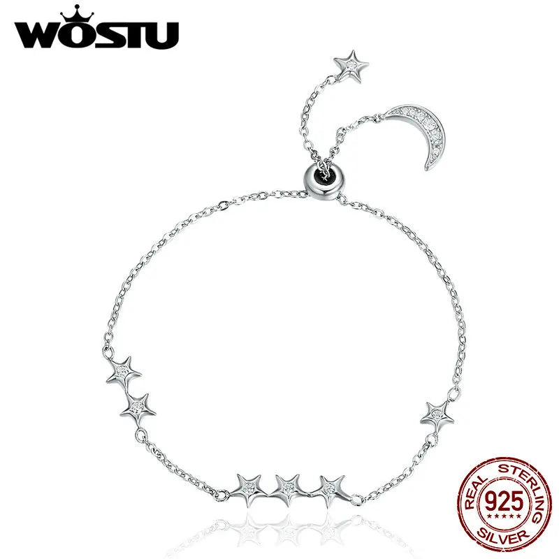 925 Silver Moon & Stars Chain Bracelet For Women CQB007