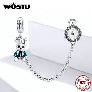 Sterling Silver Bunny & Clock Safety Chain Charm for Bracelet FIC1443