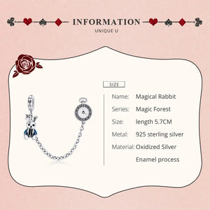 Sterling Silver Bunny & Clock Safety Chain Charm for Bracelet FIC1443