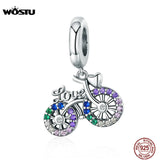 925 Bike Bicycle Rainbow Zircon Bead Bracelet Pendant Jewelry