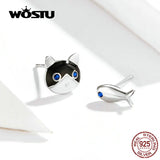 Cat & Fish Sterling Silver Stud Earrings