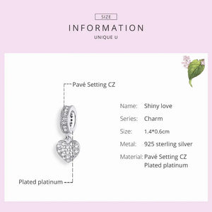 Zircon Heart Dangle Charm 925 Sterling Silver Pendant DIY Jewelry