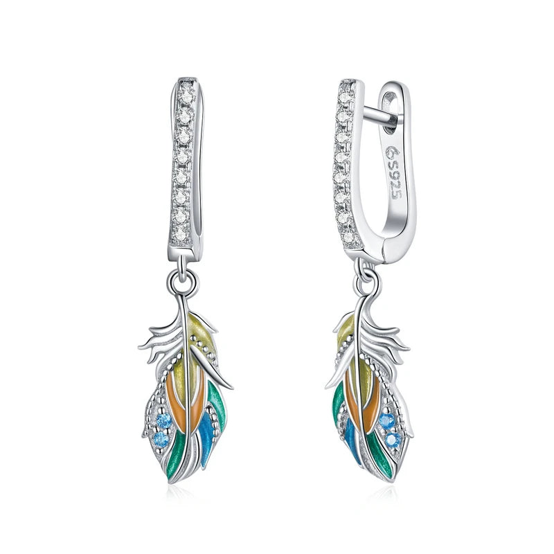 925 Sterling Silver Colored Feather Drop Earrings CTE485