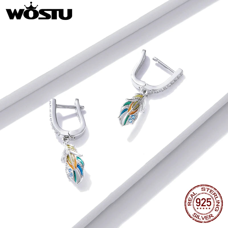 925 Sterling Silver Colored Feather Drop Earrings CTE485