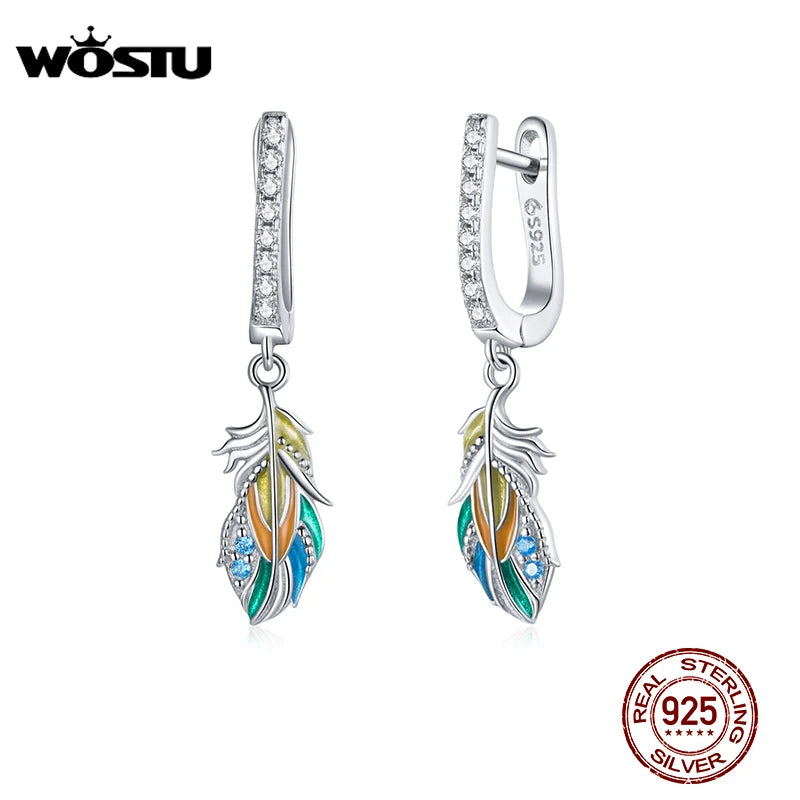 925 Sterling Silver Colored Feather Drop Earrings CTE485