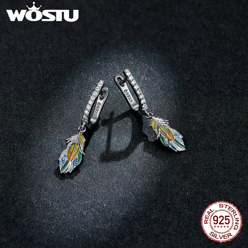 925 Sterling Silver Colored Feather Drop Earrings CTE485