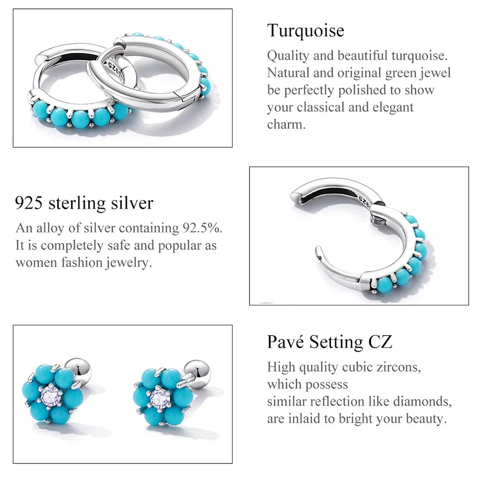 Vintage Turquoise Hoop Earrings 925 Silver Wedding Jewelry