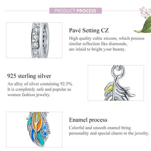 925 Silver Colorful Feather Charm CZ European Charms DIY Jewelry