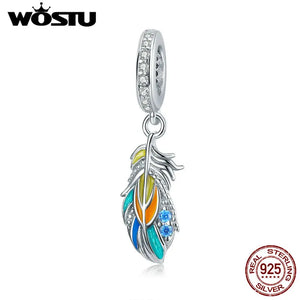 925 Silver Colorful Feather Charm CZ European Charms DIY Jewelry