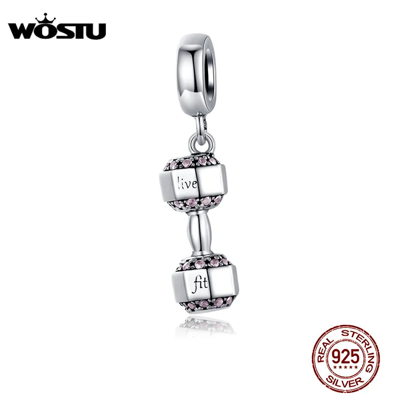 925 Sterling Silver Dumbbell Fitness Charms Bracelet Pendant Beads CQC1340