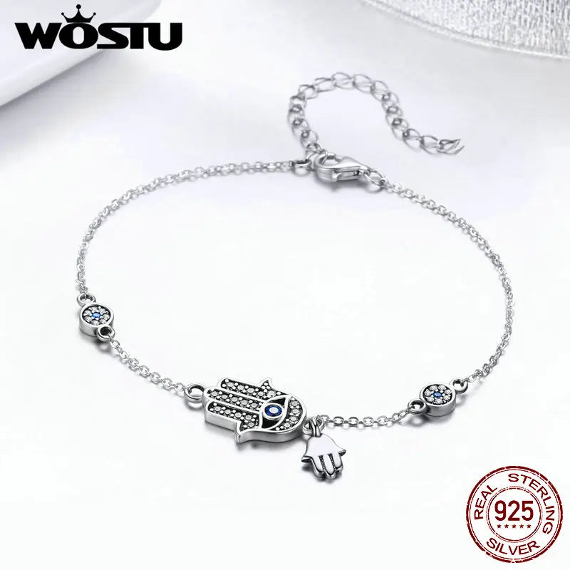 Hand Hamsa Eye Bracelet 925 Silver Zircon Chain Link FIB079