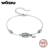 Hand Hamsa Eye Bracelet 925 Silver Zircon Chain Link FIB079