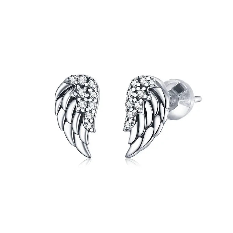 925 Sterling Silver Angel Wings Stud Earrings CZ Silver Jewelry