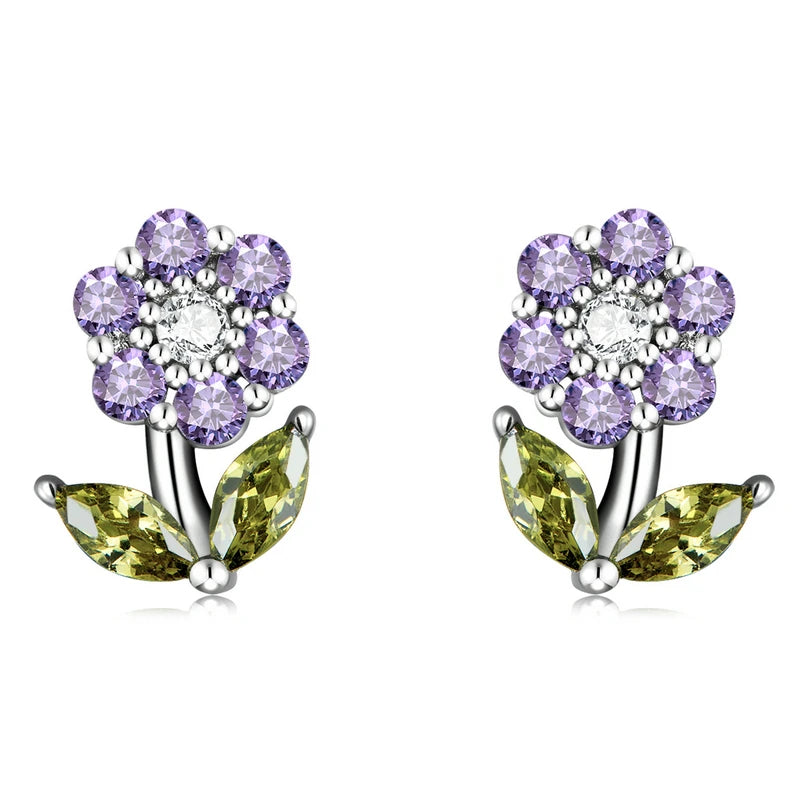 Purple Pink Zircon Flower Stud Earrings 925 Silver