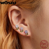 Purple Pink Zircon Flower Stud Earrings 925 Silver