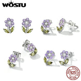 Purple Pink Zircon Flower Stud Earrings 925 Silver