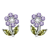 Purple Pink Zircon Flower Stud Earrings 925 Silver