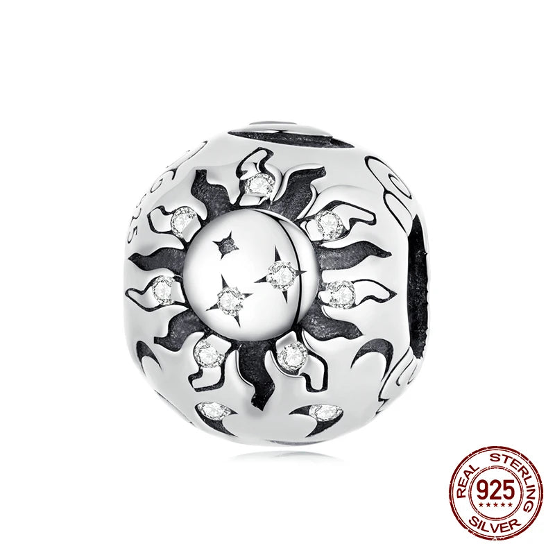 925 Silver Sun & Moon Charms Beaded Bracelet Bangle