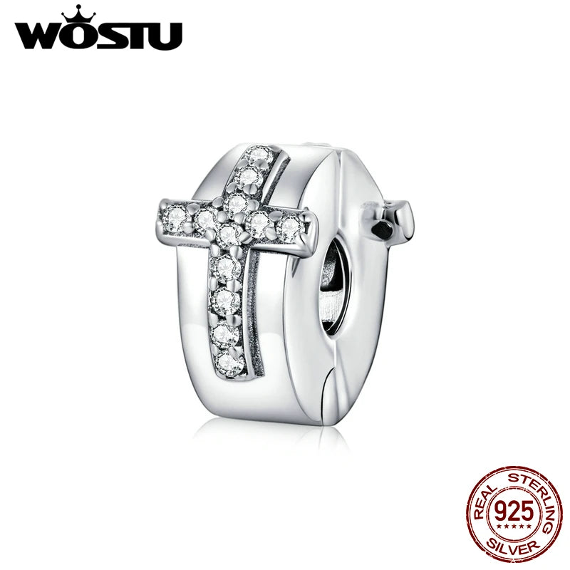 925 Silver CZ Cross Stopper Charms Beads for Bracelet Bangle CQC1497