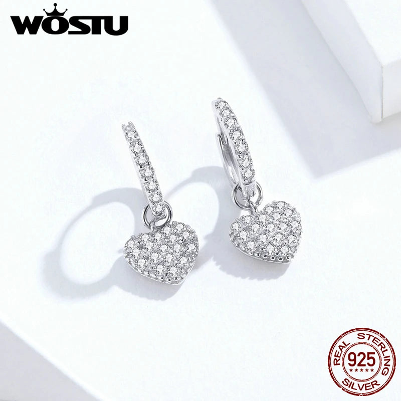 925 Silver Heart Drop Earrings Zirconia Dangles FIE821