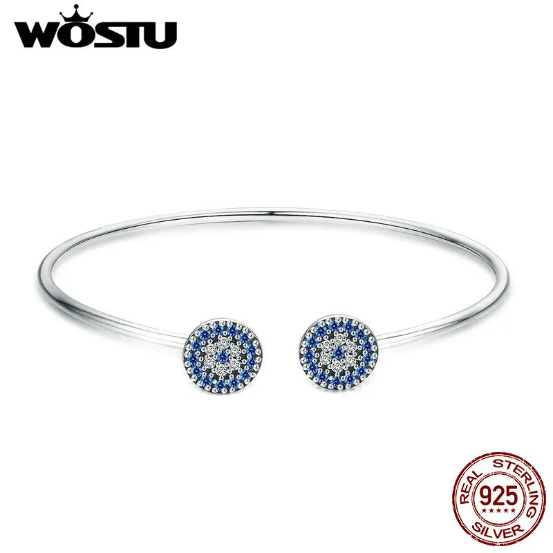925 Silver Lucky Eyes CZ Cuff Bangle Bracelet Women Jewelry