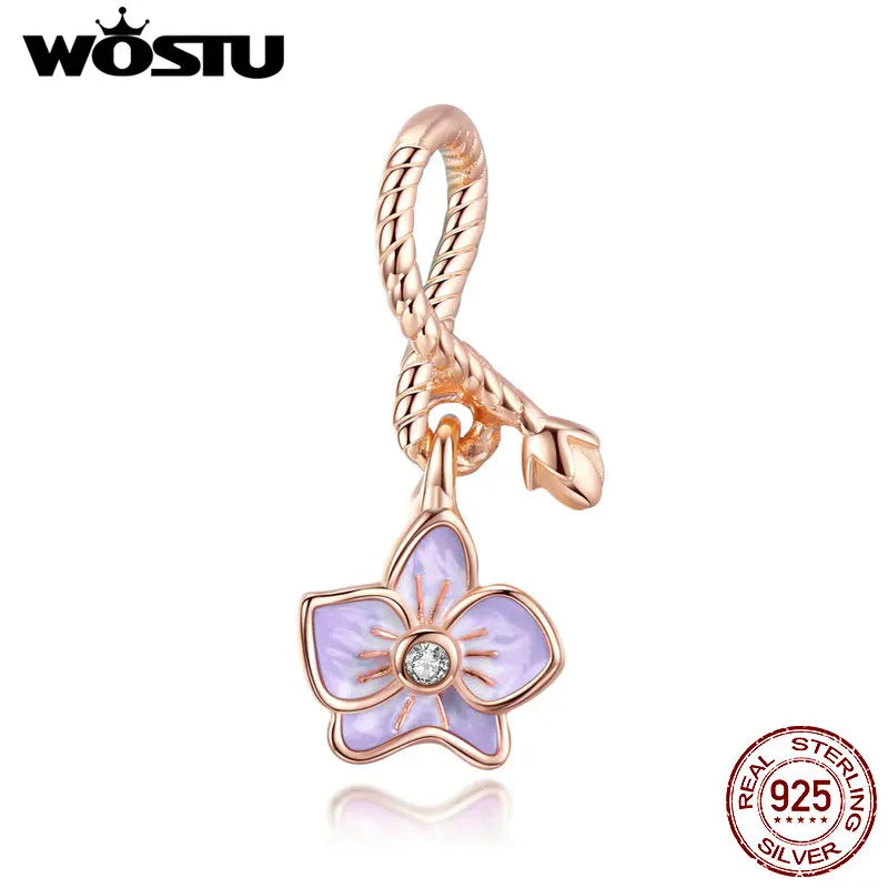 925 Silver Purple Phalaenopsis Flower Charm Beads for DIY Bracelet