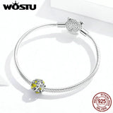 Ginkgo Leaves Charms 925 Sterling Silver Yellow Enamel Yellow CZ Round Bead