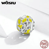 Ginkgo Leaves Charms 925 Sterling Silver Yellow Enamel Yellow CZ Round Bead