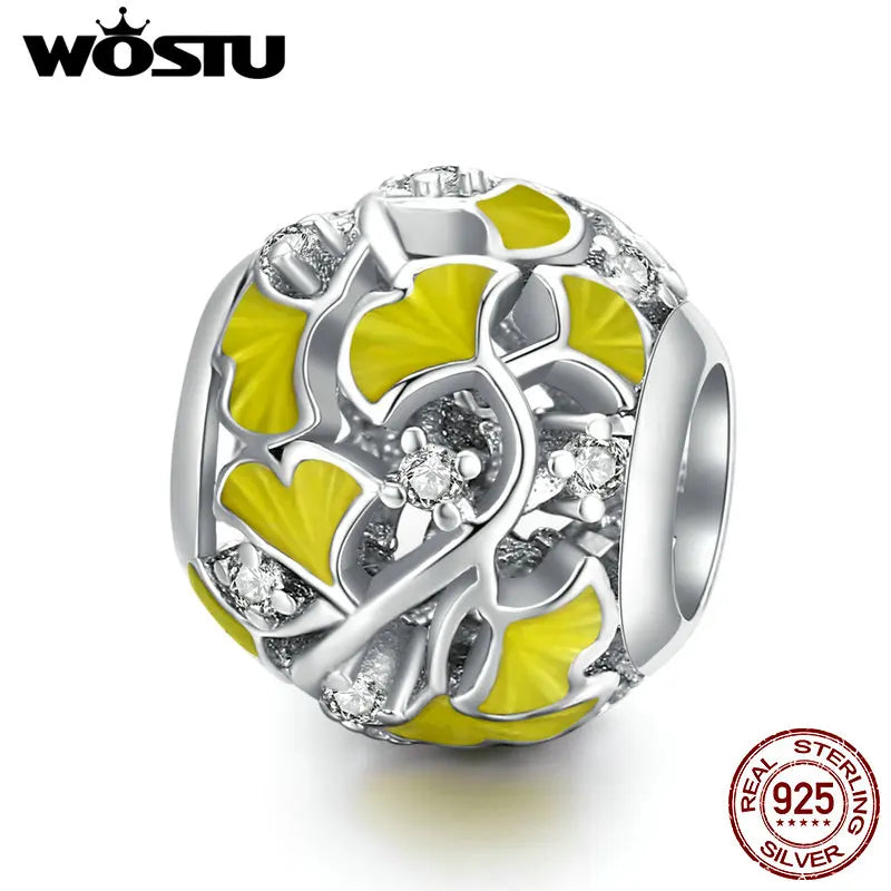 Ginkgo Leaves Charms 925 Sterling Silver Yellow Enamel Yellow CZ Round Bead