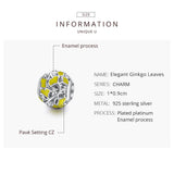 Ginkgo Leaves Charms 925 Sterling Silver Yellow Enamel Yellow CZ Round Bead