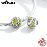 Ginkgo Leaves Charms 925 Sterling Silver Yellow Enamel Yellow CZ Round Bead