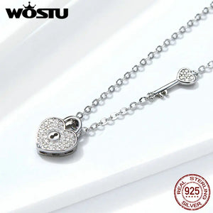 925 Silver Lock Heart Dangle Pendant Necklace Clear CZ Women's Jewelry