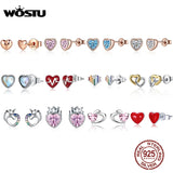 Heart Stud Earrings 925 Sterling Silver Rose & Red Heart Zircon Enamel Small Ear