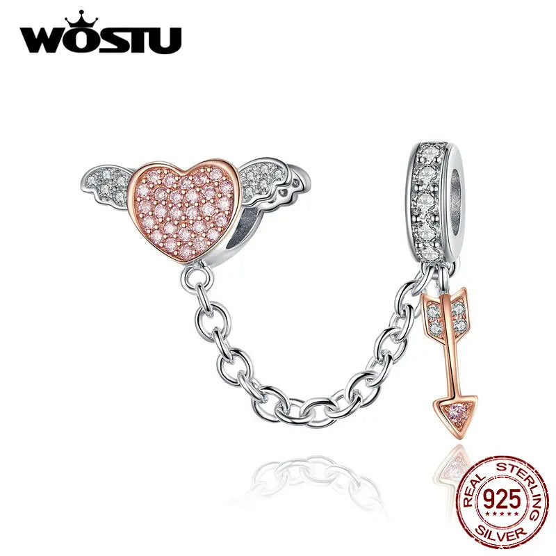 Heart Wings Arrow Safety Chain 925 Sterling Silver Beads Fit Bracelet Pendant