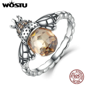 925 Silver Queen Bee Yellow CZ Crystal Ring Women Wedding Jewelry CQR025
