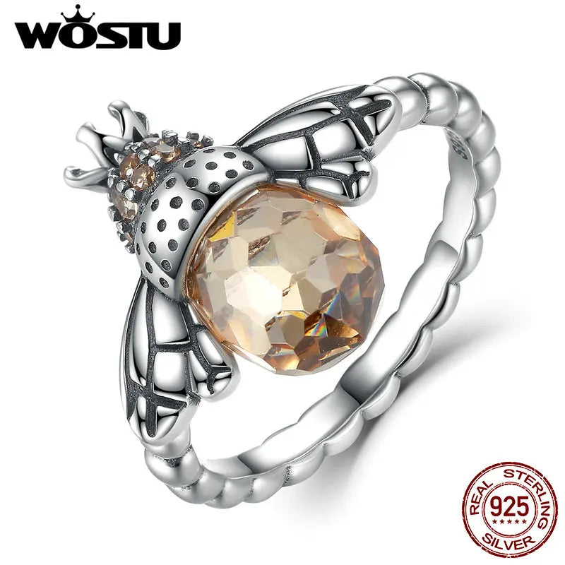 925 Silver Queen Bee Yellow CZ Crystal Ring Women Wedding Jewelry CQR025