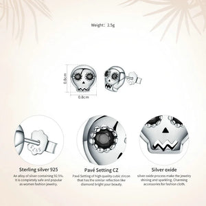 925 Sterling Silver Halloween Skeleton Skull Stud Earring