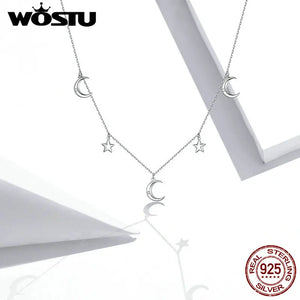 Moon & Star Sterling Silver Long Chain Necklace for Women