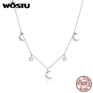 Moon & Star Sterling Silver Long Chain Necklace for Women