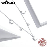 Moon & Star Sterling Silver Long Chain Necklace for Women