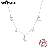 Moon & Star Sterling Silver Long Chain Necklace for Women