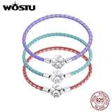 925 Silver Flower Lock Bracelet 3 Leather 17/19CM Women Jewelry