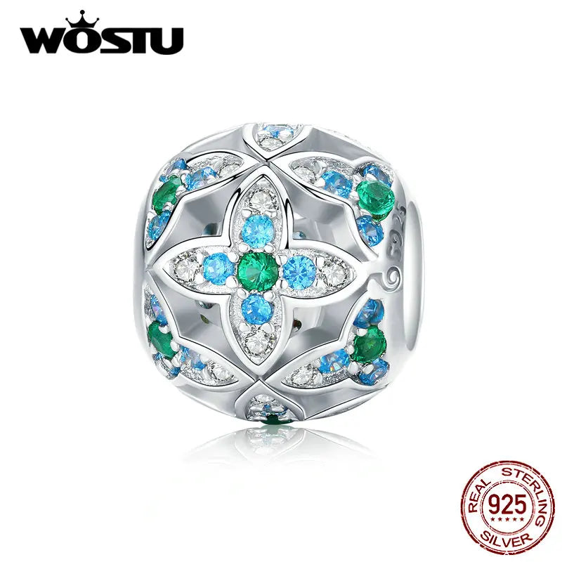 925 Silver Green Flower Round Beads Zircon Charm Bracelet Pendant